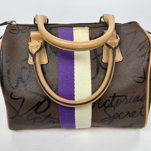 Victoria's Secret Handbags - Victoria's Secret Brown Satchel with Purple & Cream Center Stripe